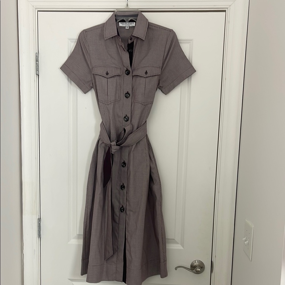 Inclan Studio Houston Phoebe  Button-Down MIDI Shirt Dress Houndstooth Pockets